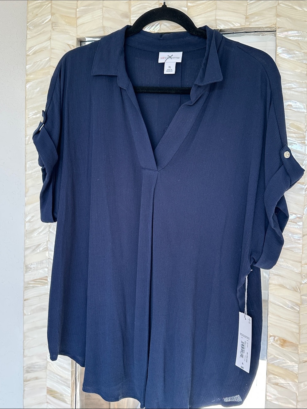 NWT Liz Claiborne Navy V-Neck Roll-Tab Sleeve Tunic